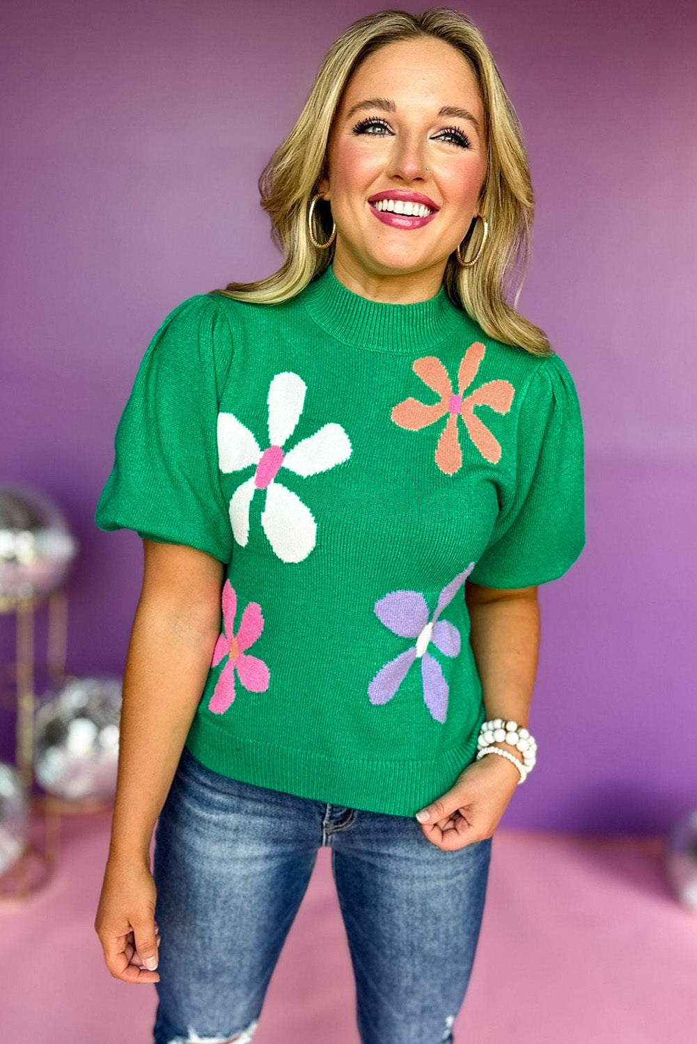 Bright Green Floral Bubble Short Sleeve Knitted Top