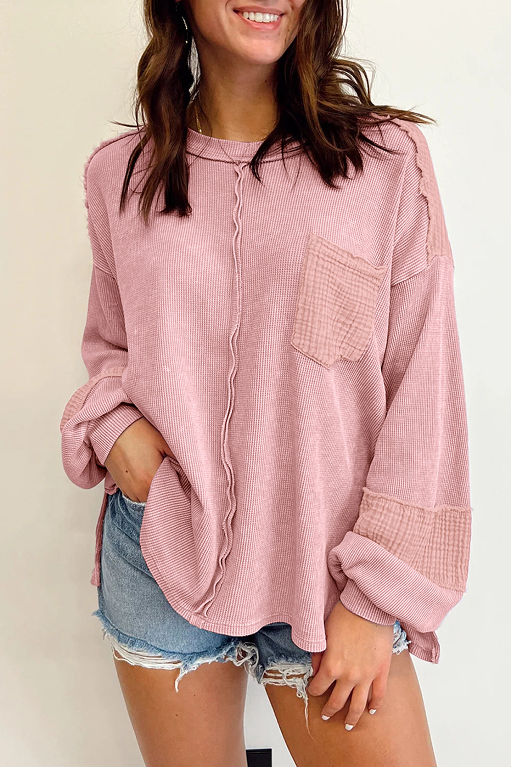 Pink Plus Size Exposed Seam Crinkle Patchwork Top