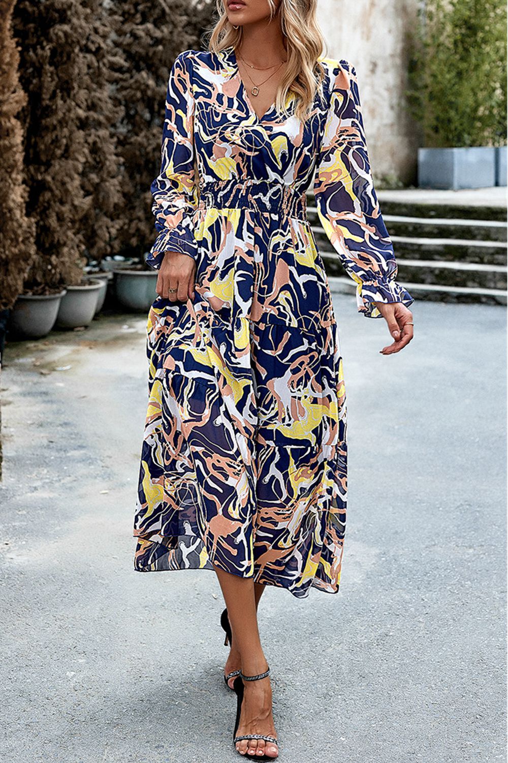 Printed Surplice Neck Flounce Sleeve Midi Dress