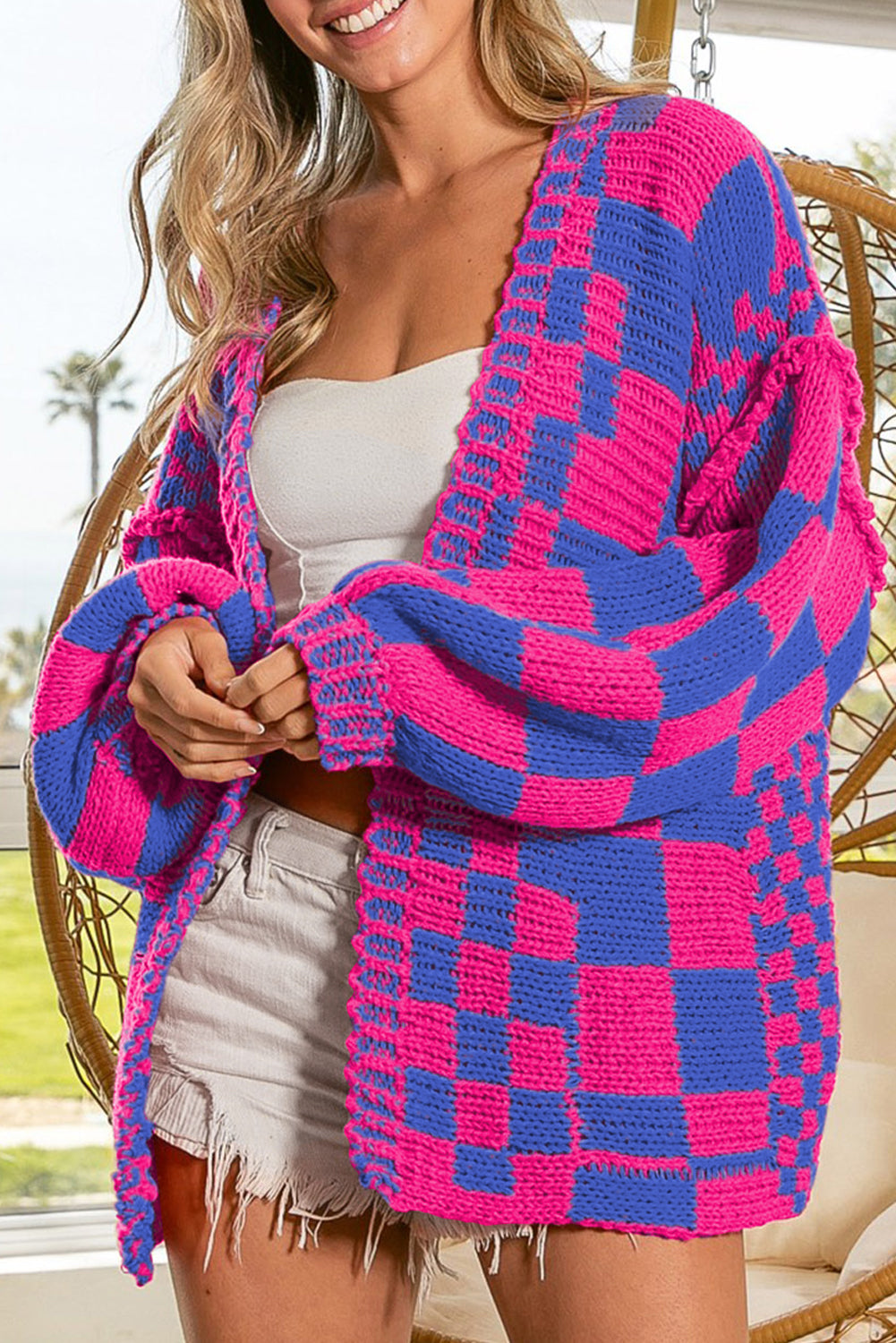 Orchid Petal Colorblock Checked Open Front Knitted Cardigan
