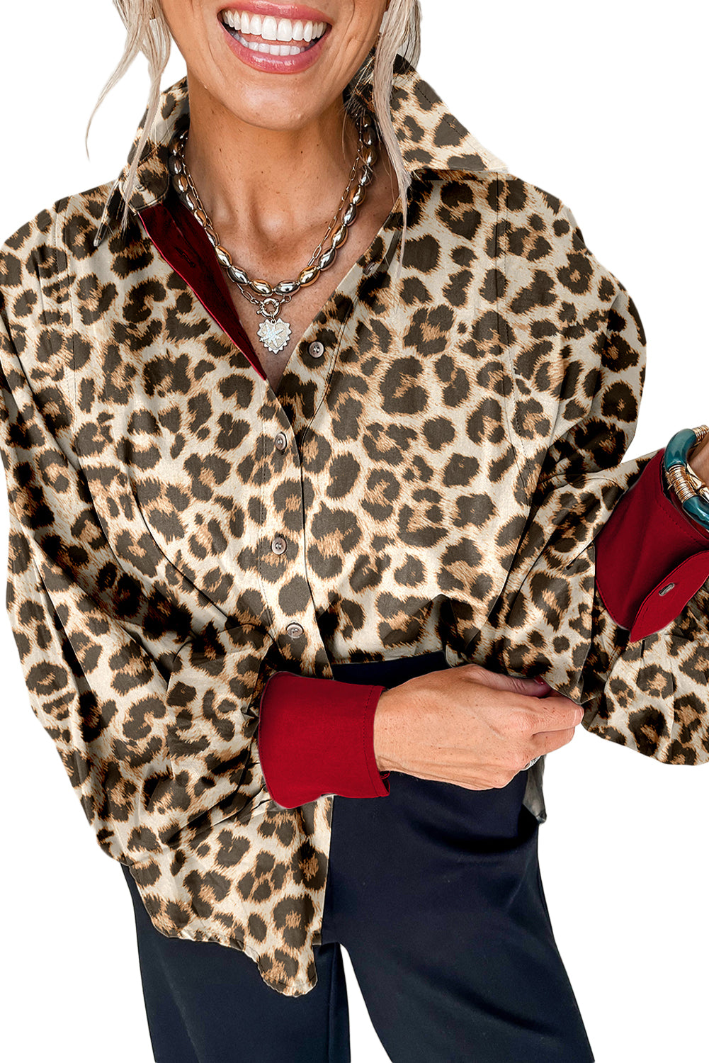 Khaki Leopard Print Button Long Sleeve Shirt