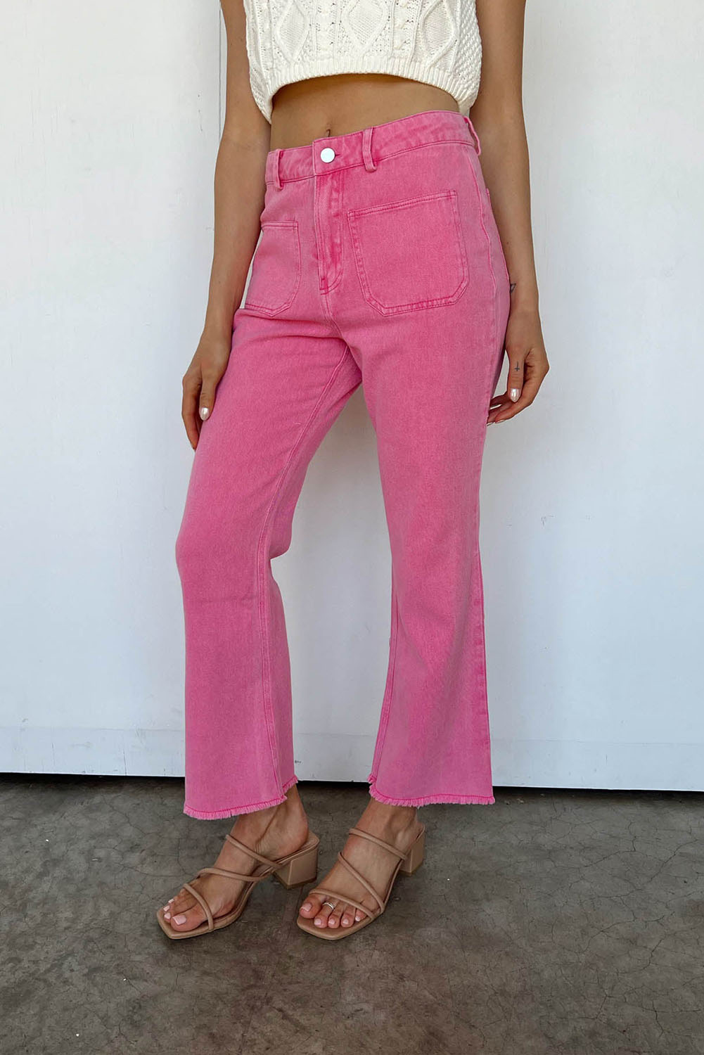 Pink Ankle-length Flare Leg Raw Hem Jeans