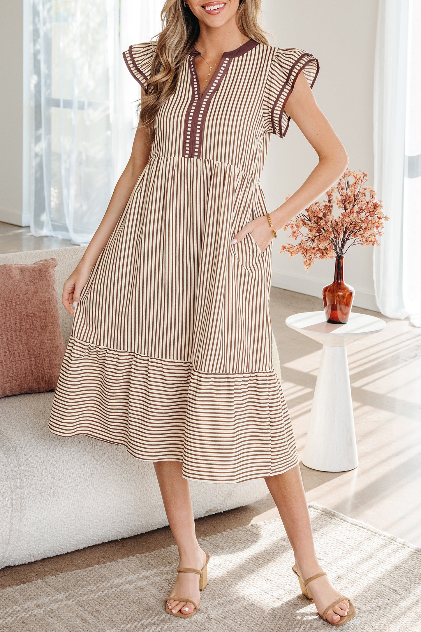 Green Stripe Double Ruffled Short Sleeve Contrast Trim V Neck Midi Dress