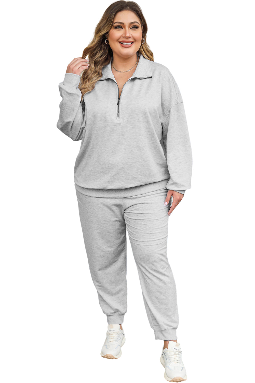 Gray Solid Half Zipped Drawstring High Waist Lounge Set