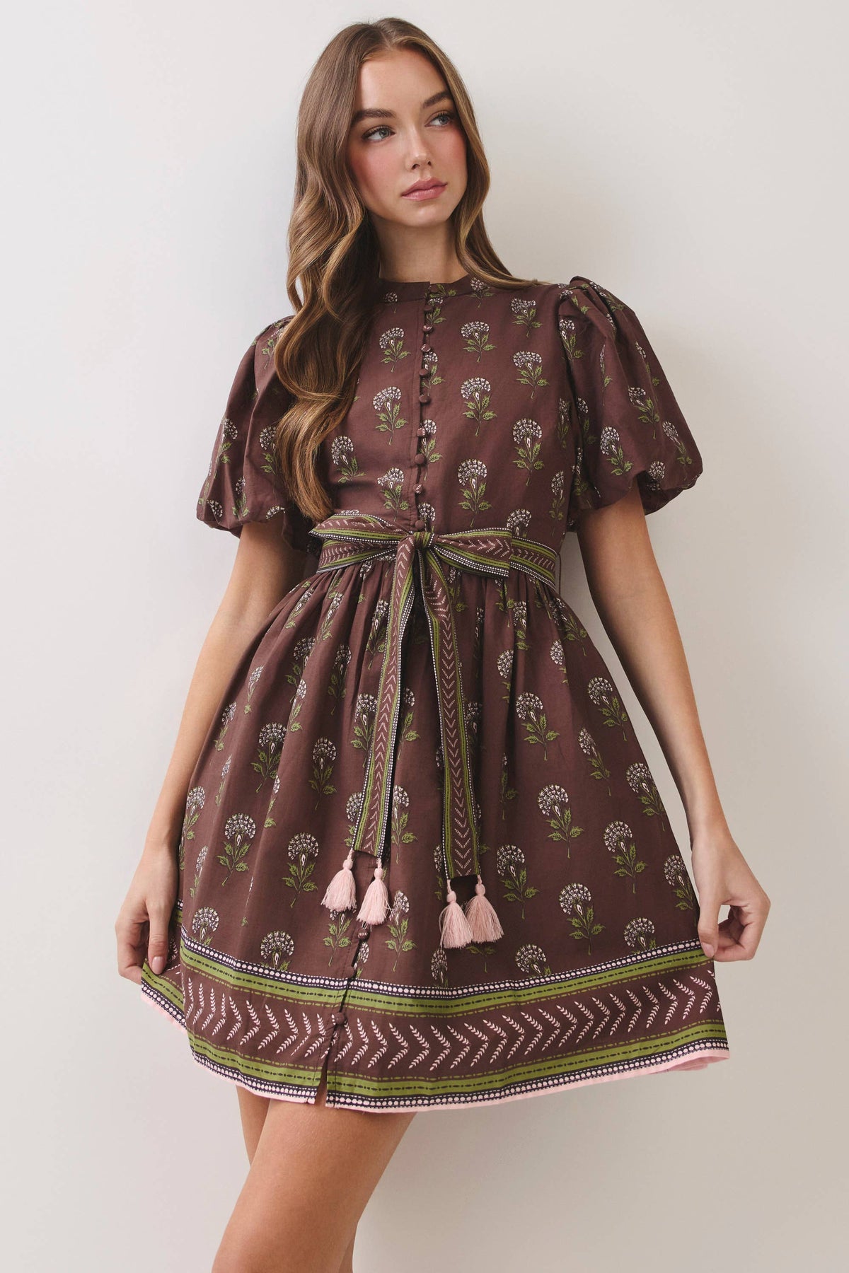 CD07464-Border Print Belted Mini Dress