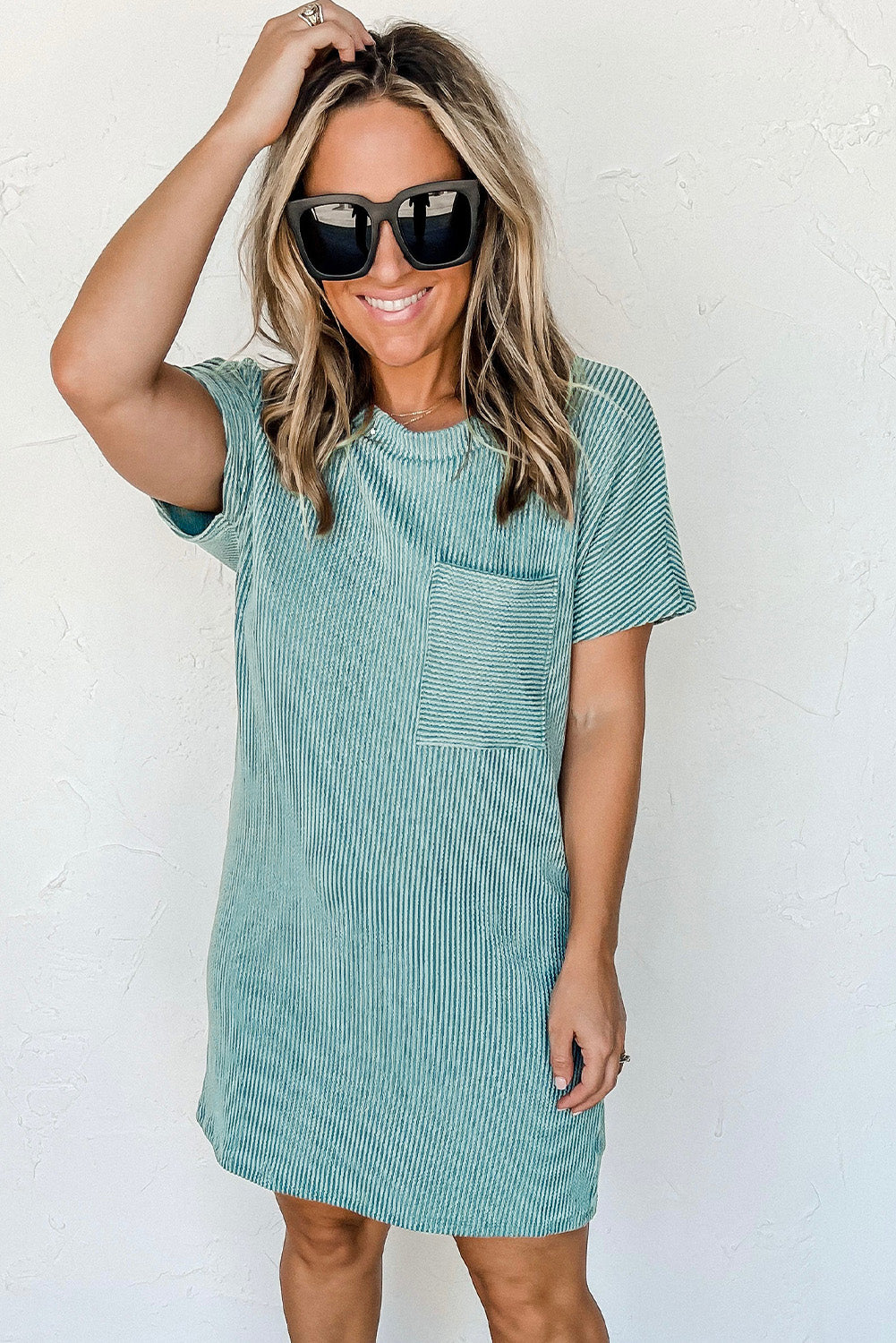 Blue Ribbed Chest Pocket Casual T Shirt Dress