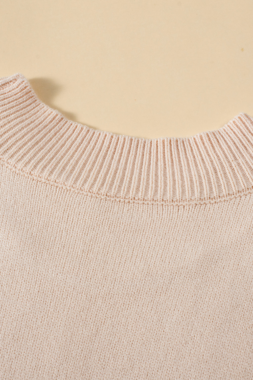 Oatmeal Plus Cable Knit Short Ruffled Sleeve Mock Neck Sweater