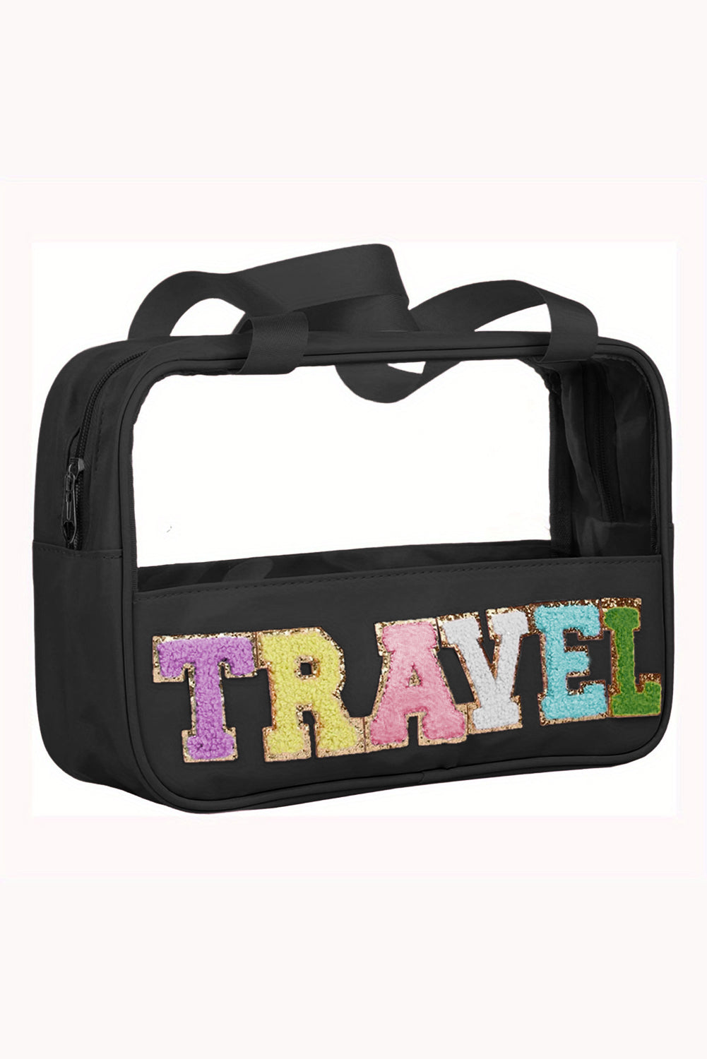 Purple TRAVEL Chenille Letter Clear PVC Makeup Bag