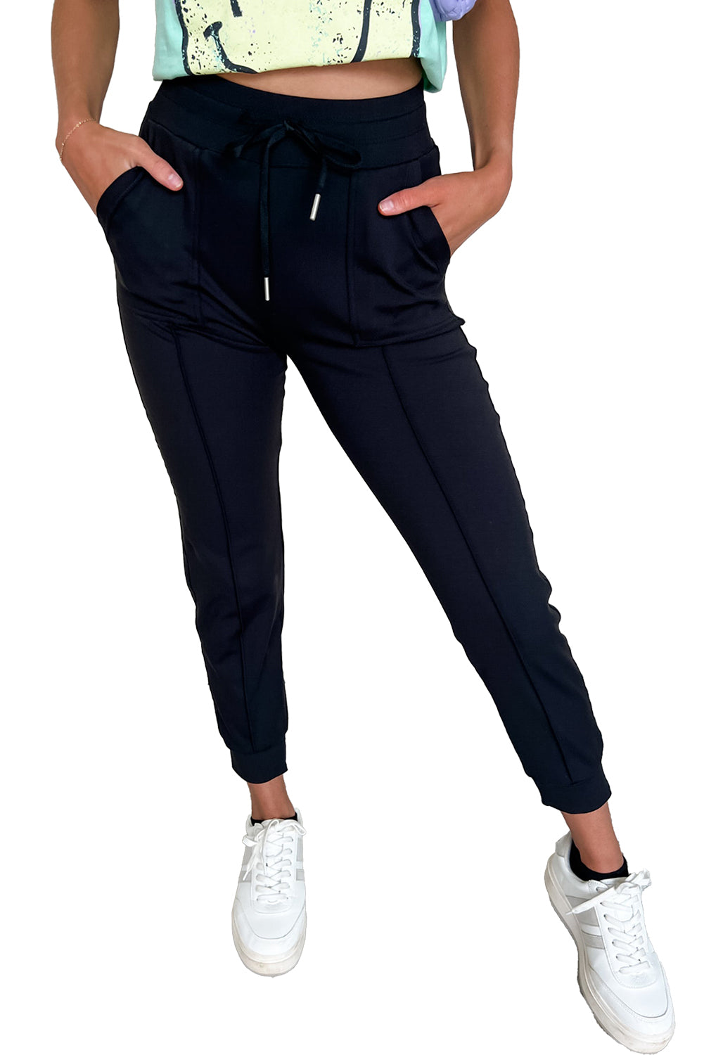 Black Exposed Seam Detail Skinny Drawstring Jogger Pants