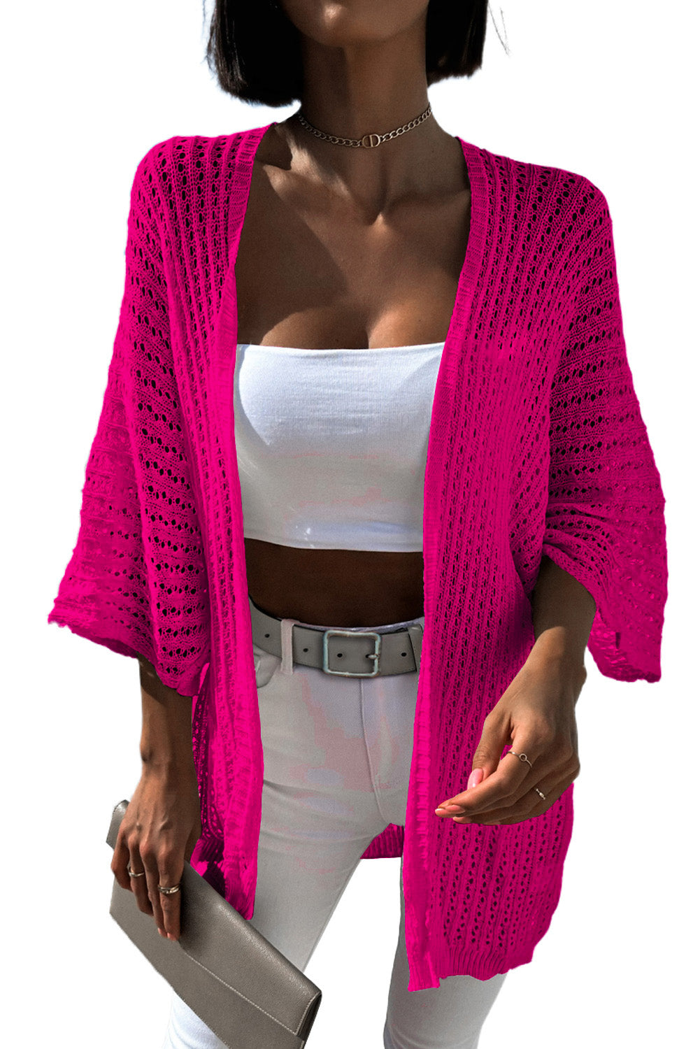 Rose Hollow-out Knit Kimono Lightweight Cardigan