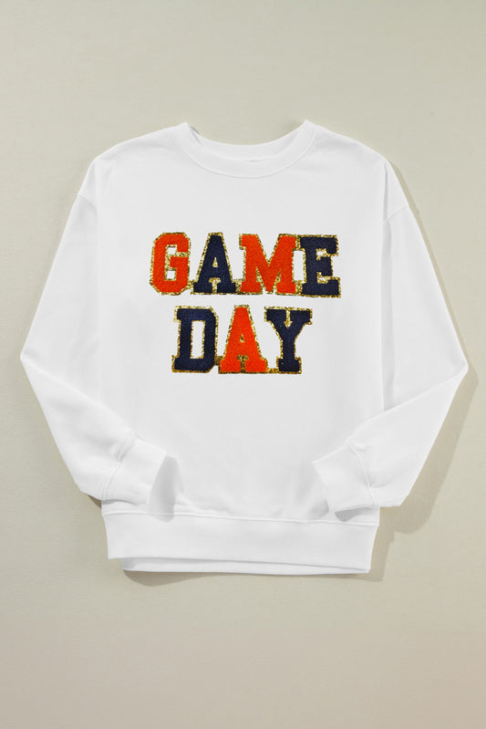 White Chenille GAME DAY Letter Round Neck Sweatshirt