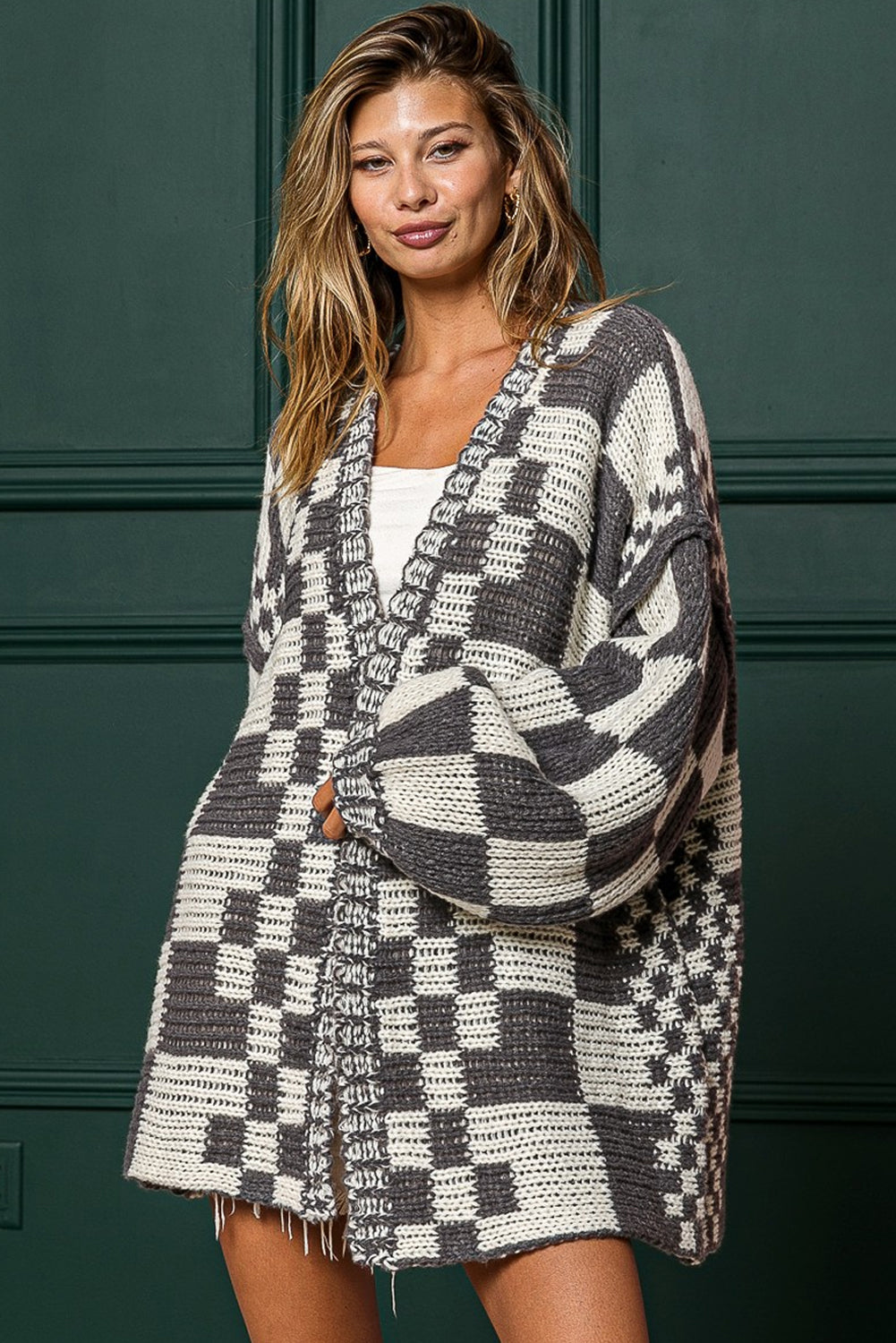 Orchid Petal Colorblock Checked Open Front Knitted Cardigan