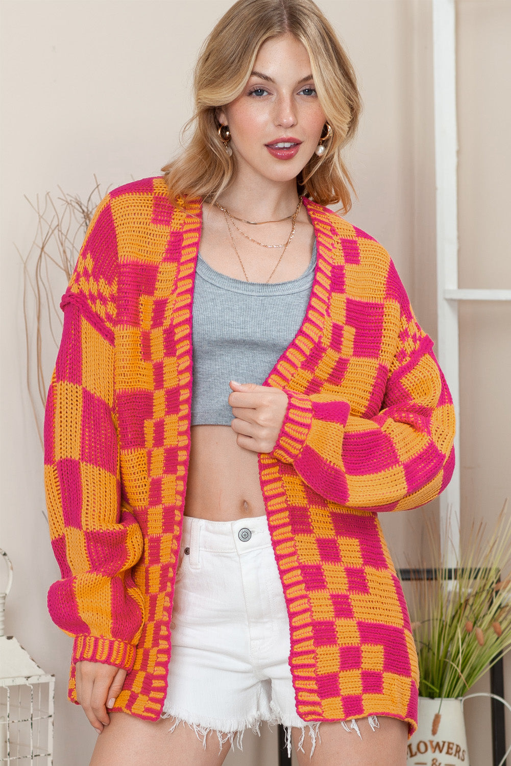 Orchid Petal Colorblock Checked Open Front Knitted Cardigan