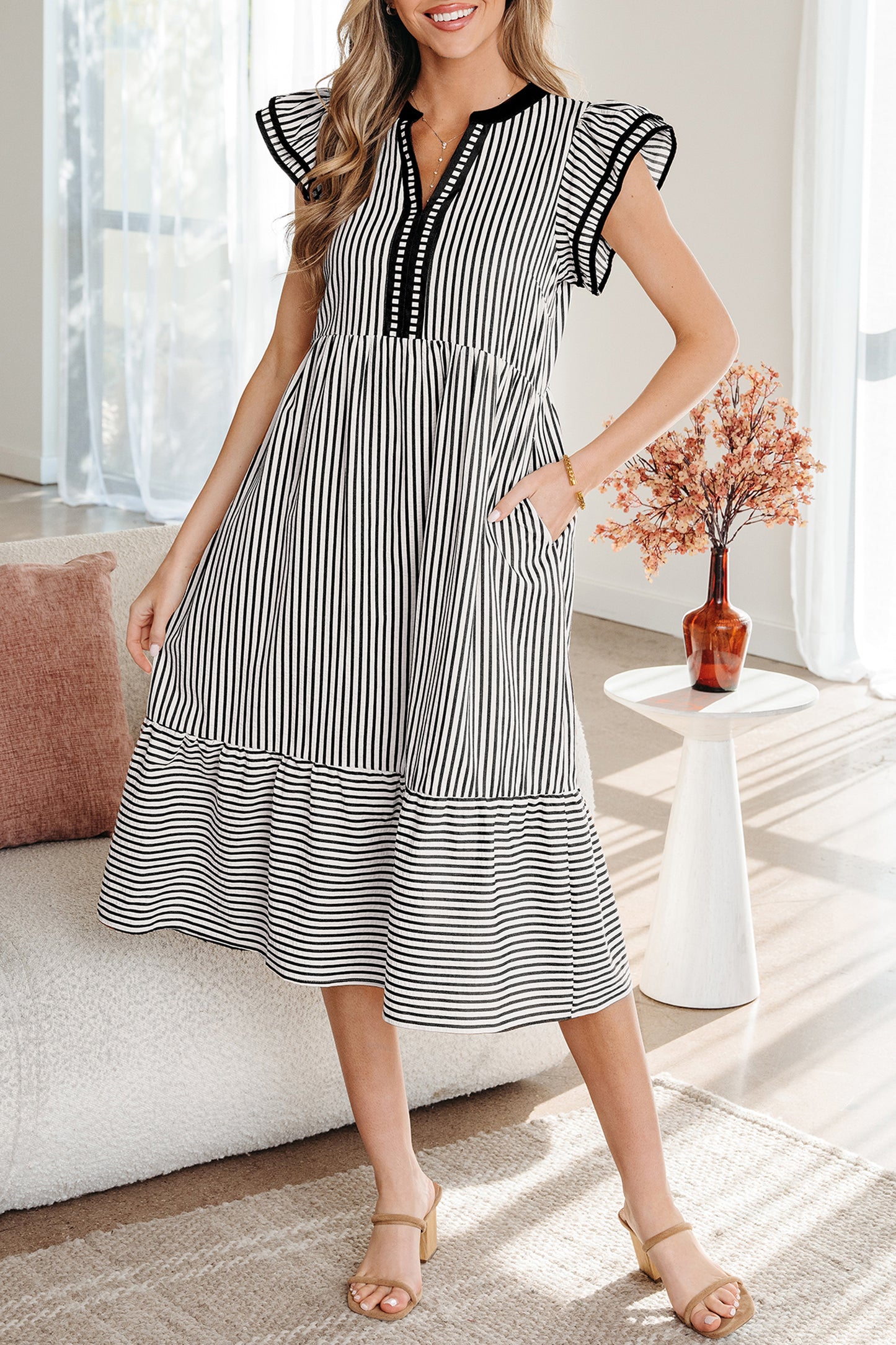 Green Stripe Double Ruffled Short Sleeve Contrast Trim V Neck Midi Dress