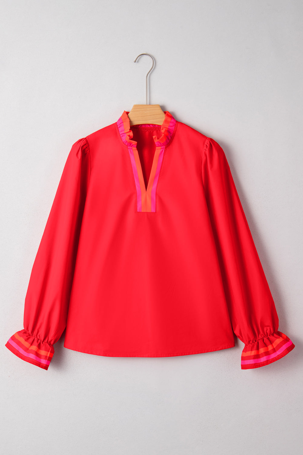 Black Striped Trim Ruffle Split Neck Long Sleeve Blouse