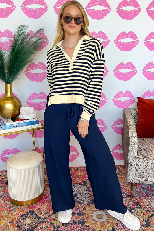 Blue Striped Long Sleeve V Neck Top