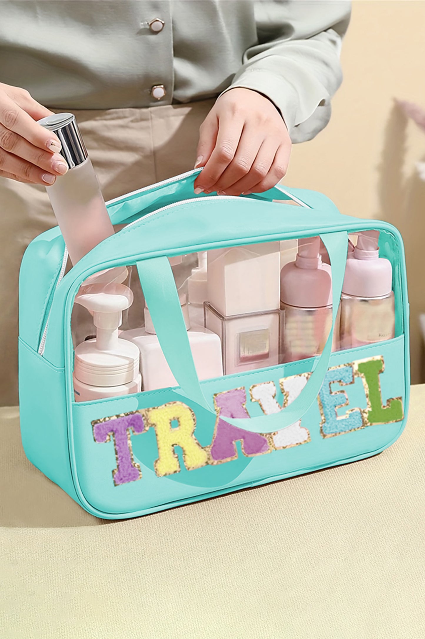Purple TRAVEL Chenille Letter Clear PVC Makeup Bag