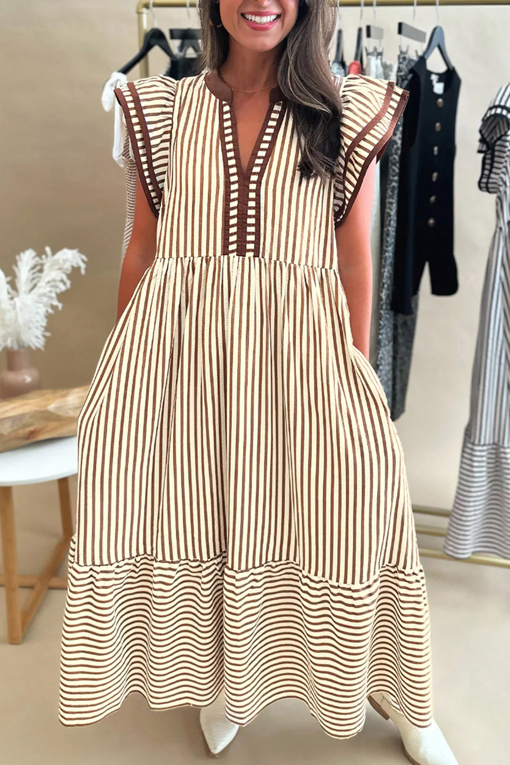 Green Stripe Double Ruffled Short Sleeve Contrast Trim V Neck Midi Dress