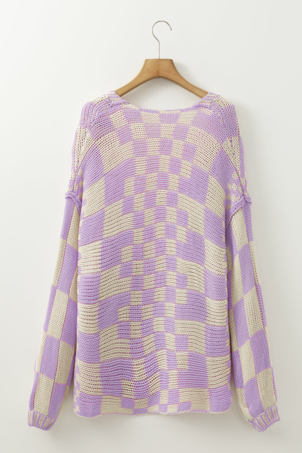 Orchid Petal Colorblock Checked Open Front Knitted Cardigan