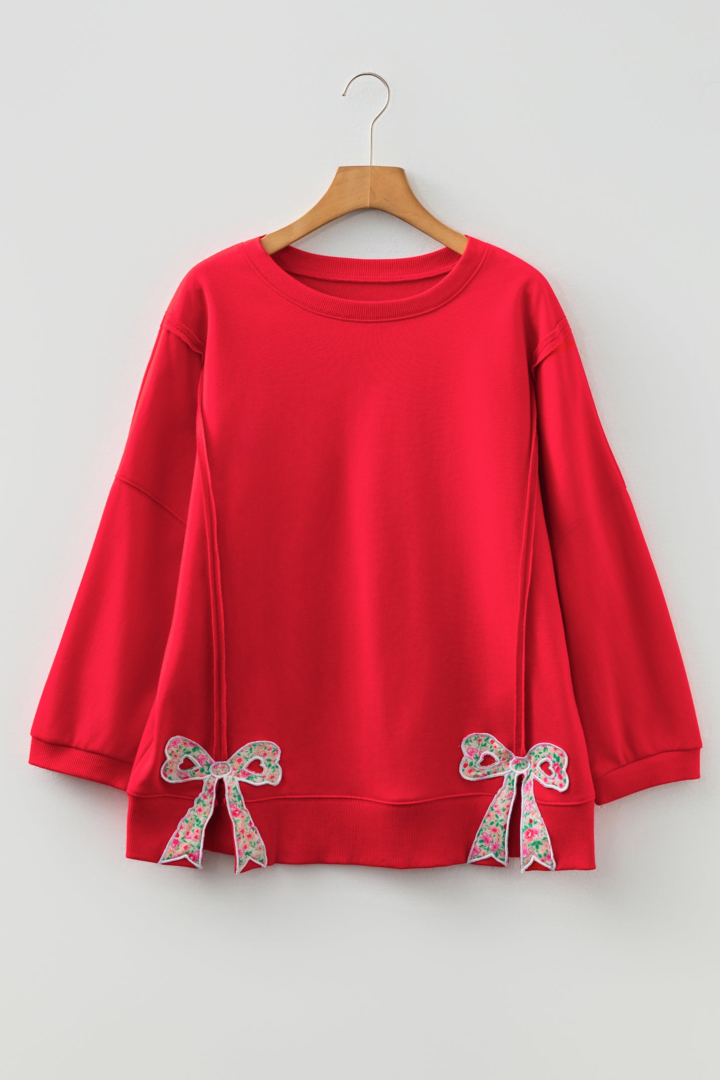 Pink Floral Bow Patched Exposed Seam Patchwork Slit Baggy Sweatshirt