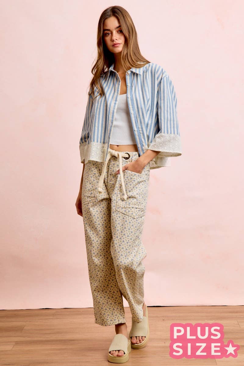 PLUS BRAIDED WAIST BELT PATCH POCKETS FLORAL PRINT PANT