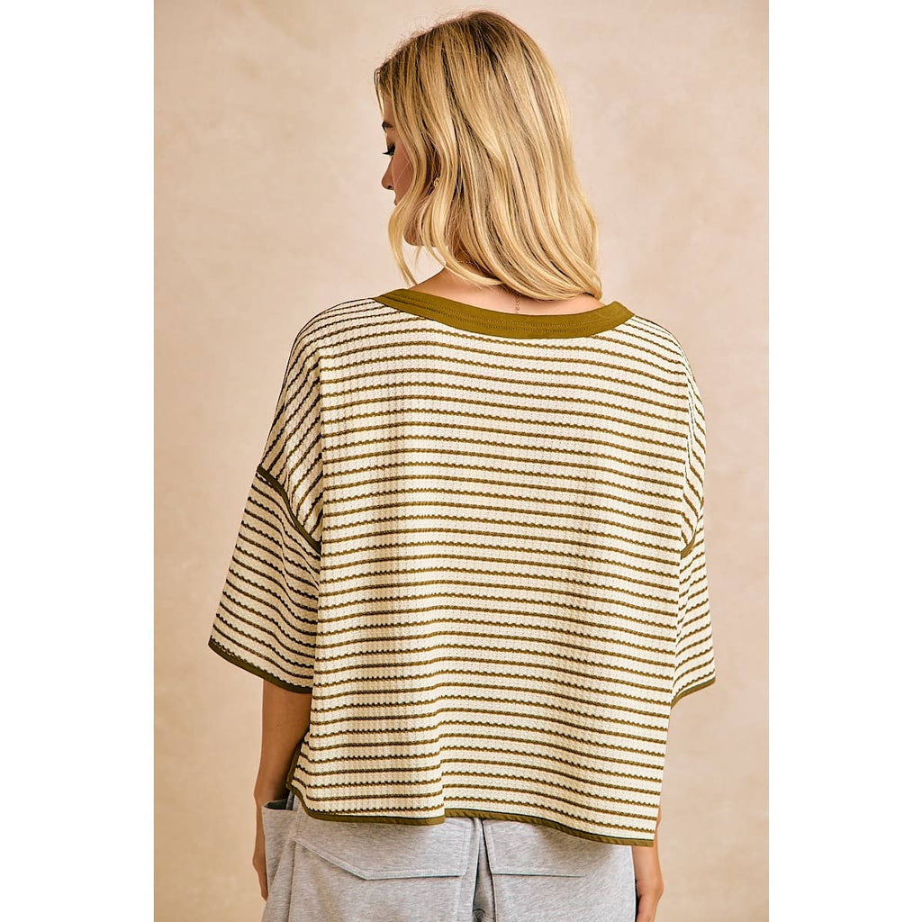 WAFFLE STRIPE WITH BINDING DETAIL RELAXED FIT TOP