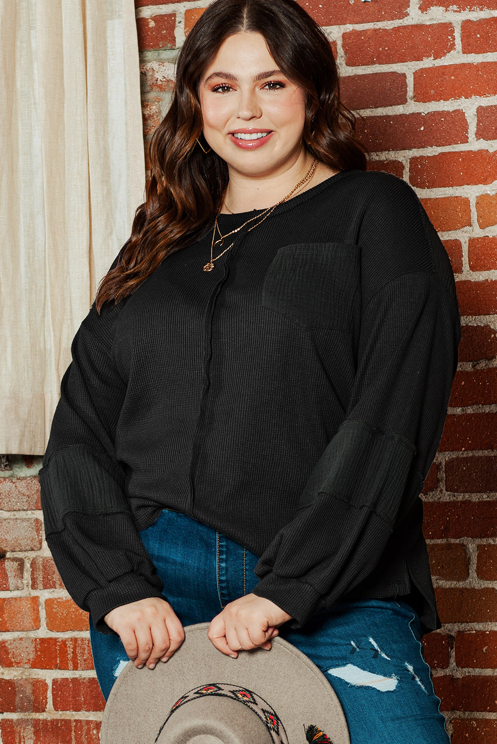 Pink Plus Size Exposed Seam Crinkle Patchwork Top