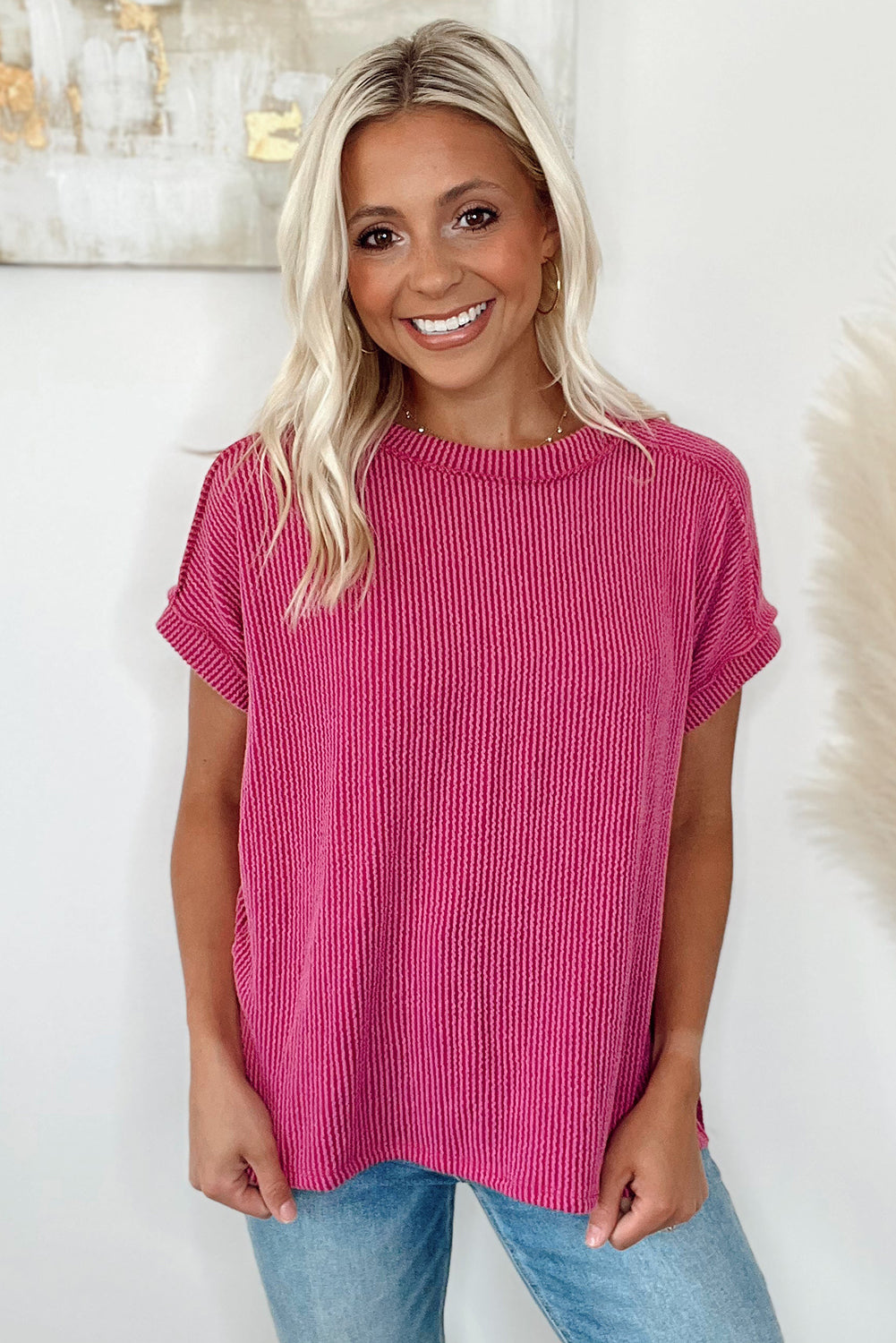 Rose Red Textured Knit Round Neck T Shirt