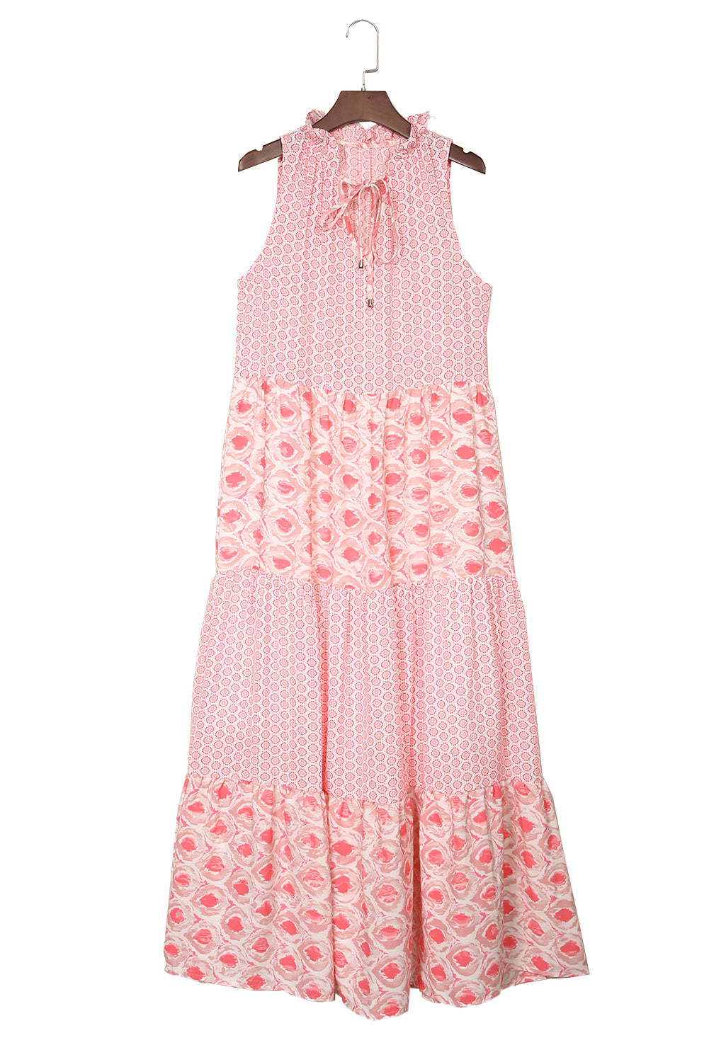 Pink Abstract Sleeveless V Neck Summer Tiered Dress