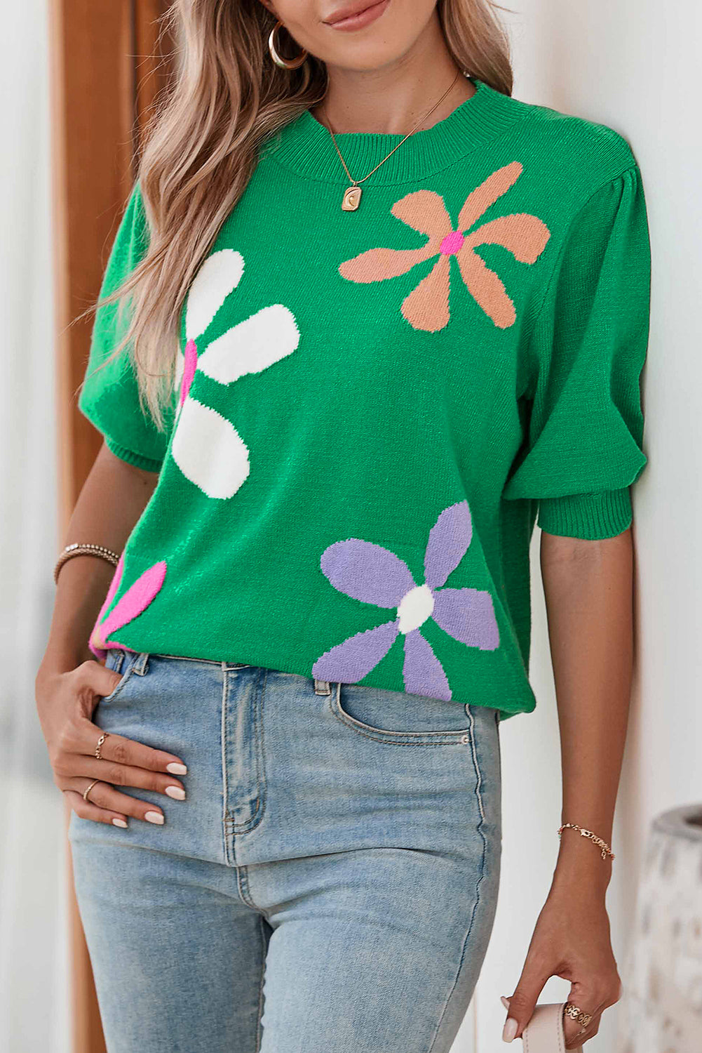 Bright Green Floral Bubble Short Sleeve Knitted Top