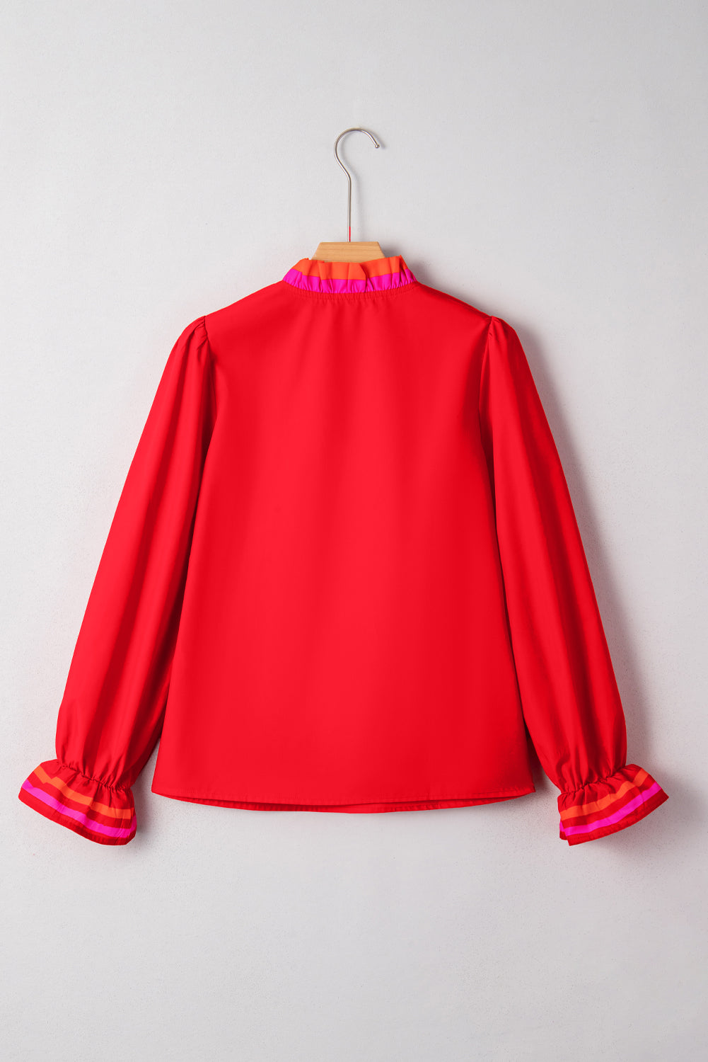 Black Striped Trim Ruffle Split Neck Long Sleeve Blouse