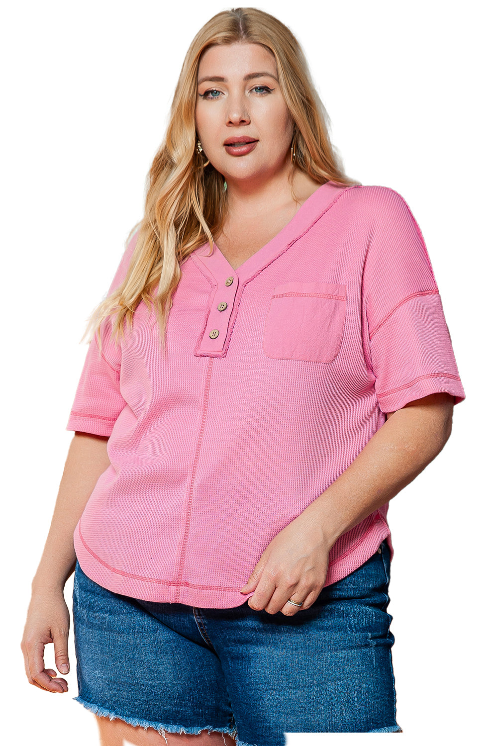 Pink Plus Size Waffle Knit Exposed Seam V Neck Henley T-shirt