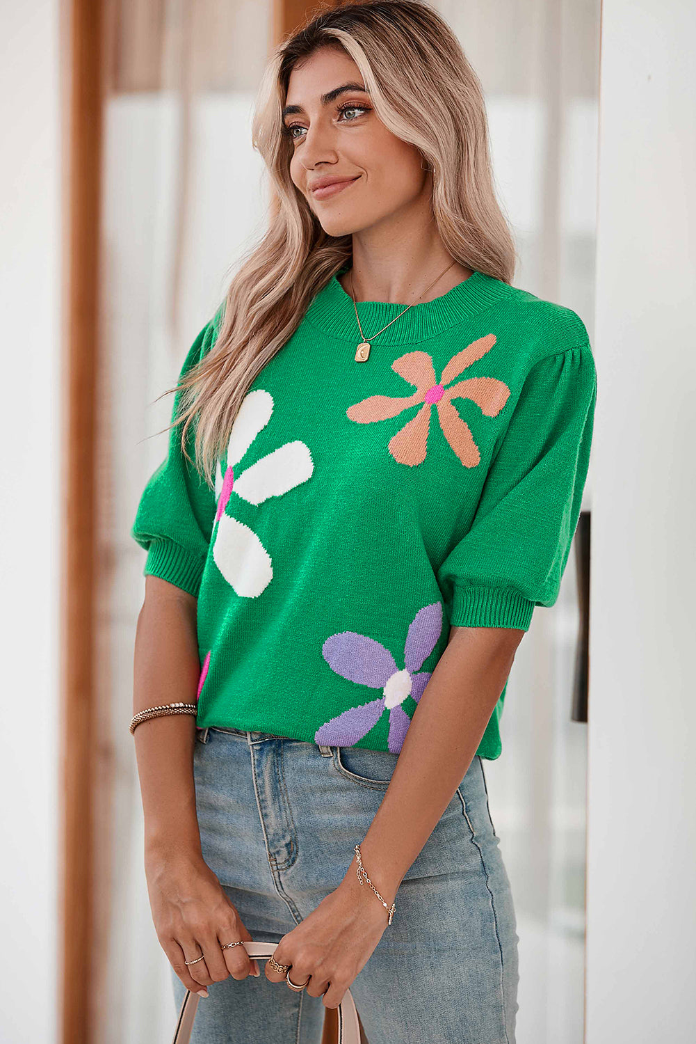 Bright Green Floral Bubble Short Sleeve Knitted Top