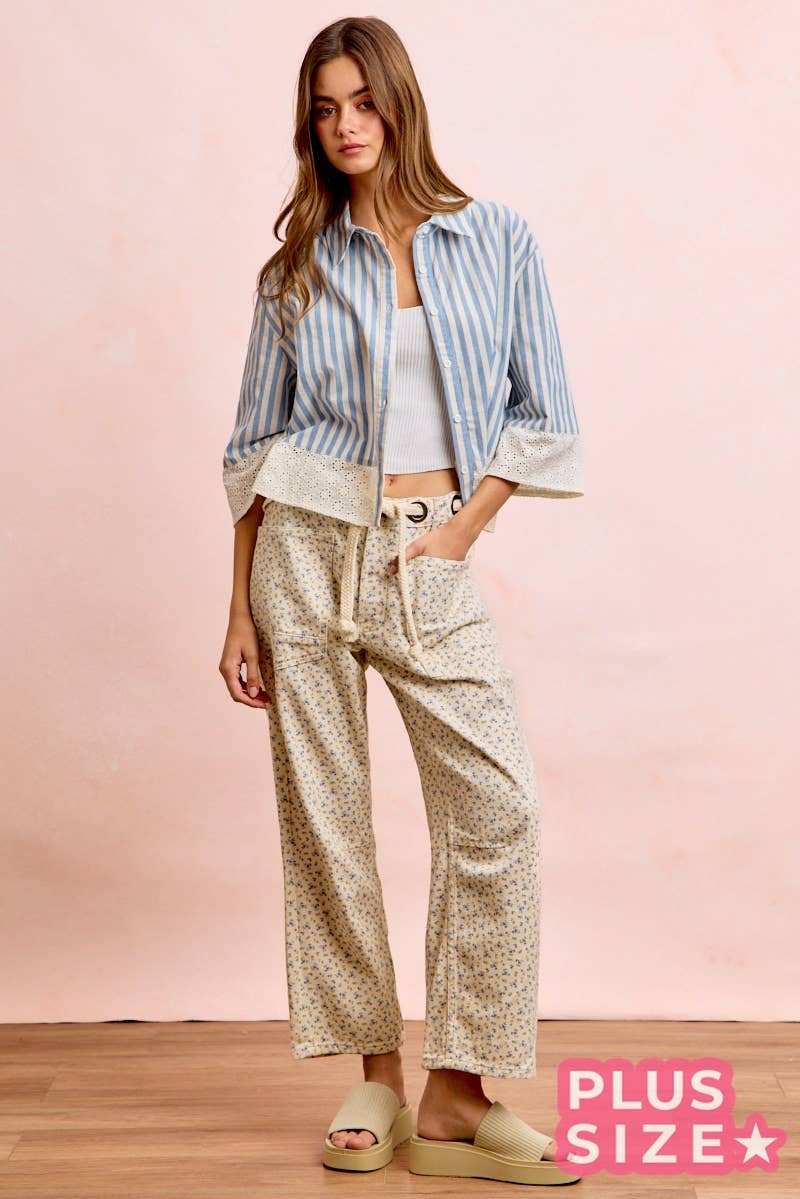 PLUS BRAIDED WAIST BELT PATCH POCKETS FLORAL PRINT PANT