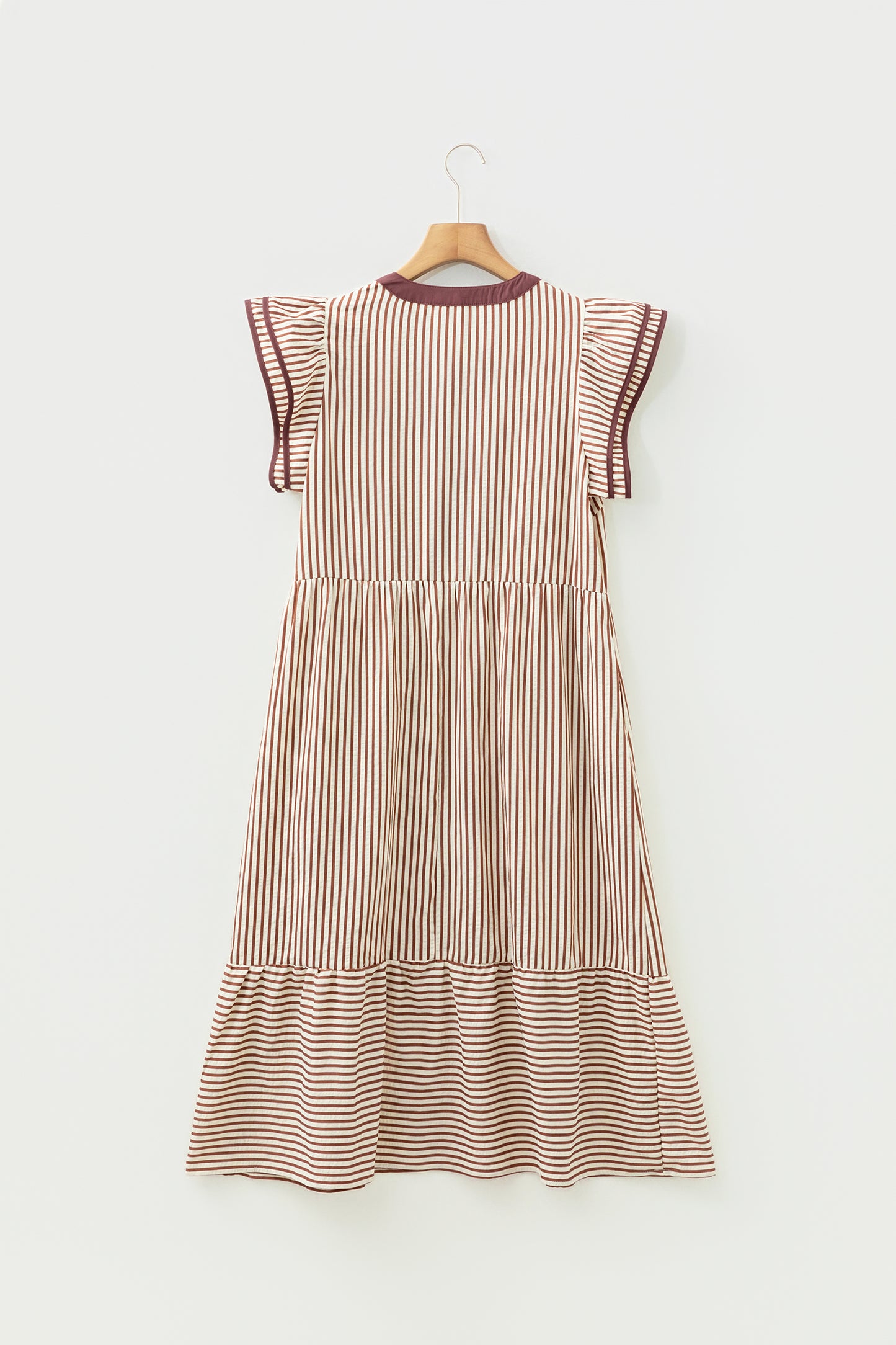 Green Stripe Double Ruffled Short Sleeve Contrast Trim V Neck Midi Dress