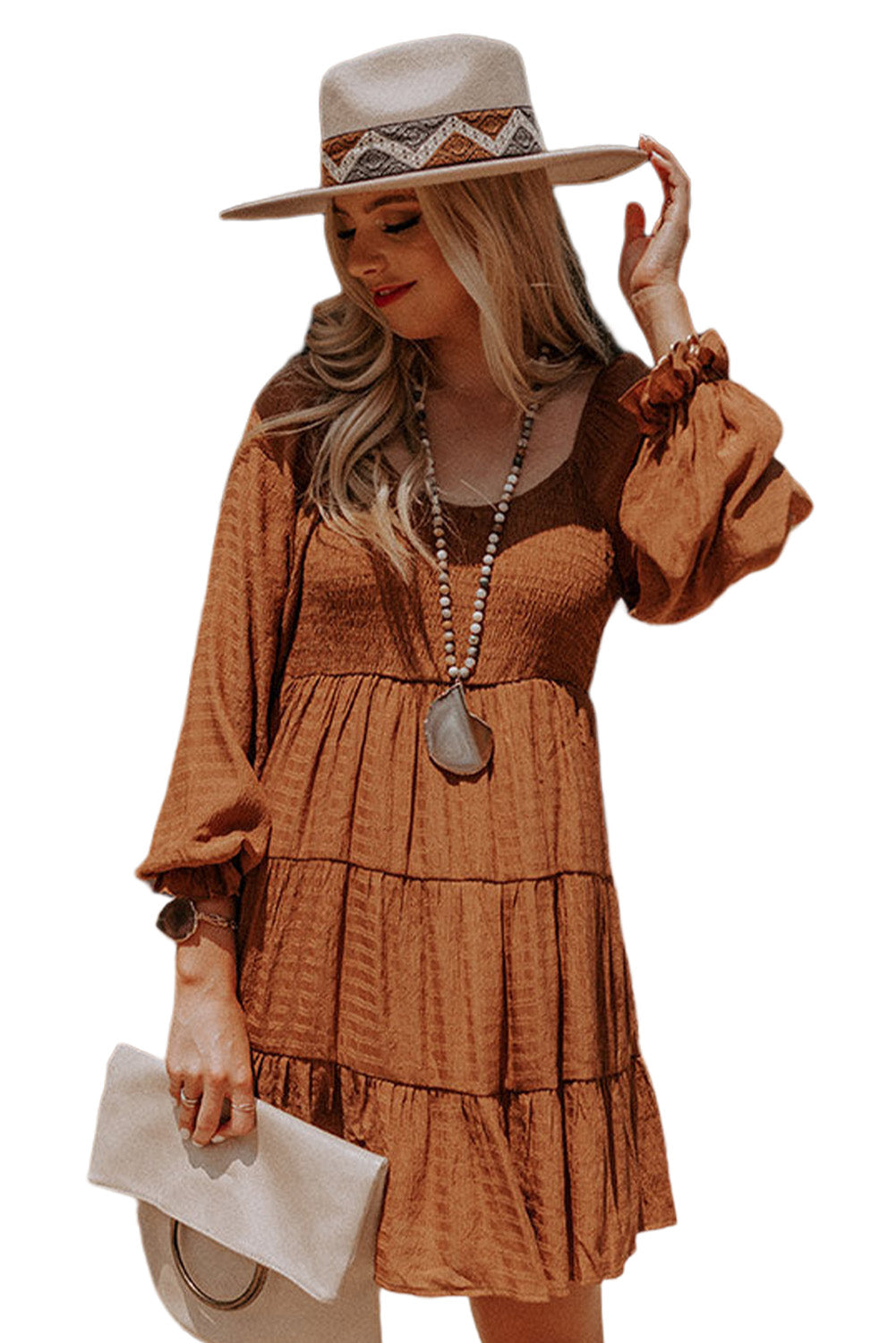 Brown Bishop Sleeve Smocked Tiered Mini Dress