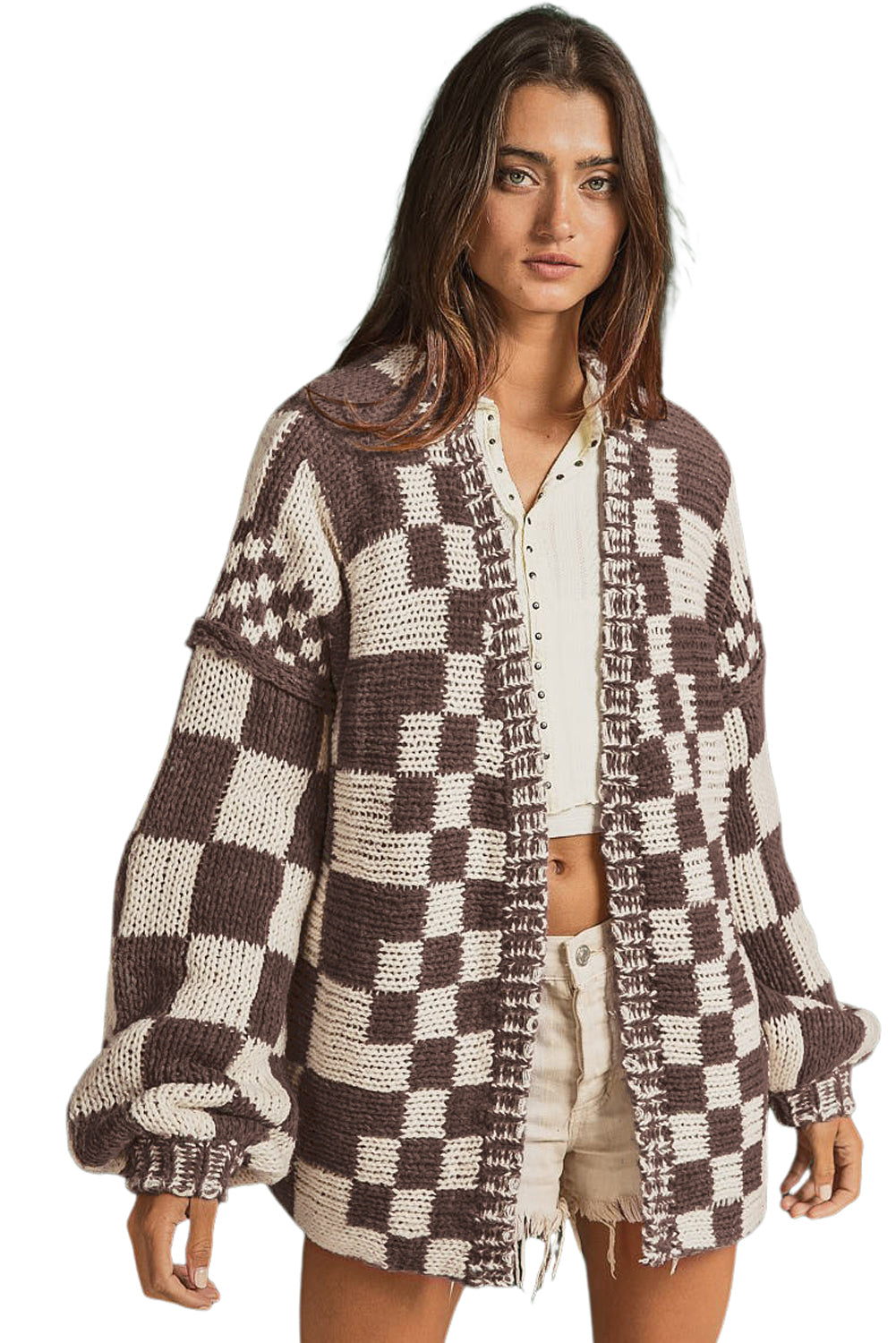 Orchid Petal Colorblock Checked Open Front Knitted Cardigan