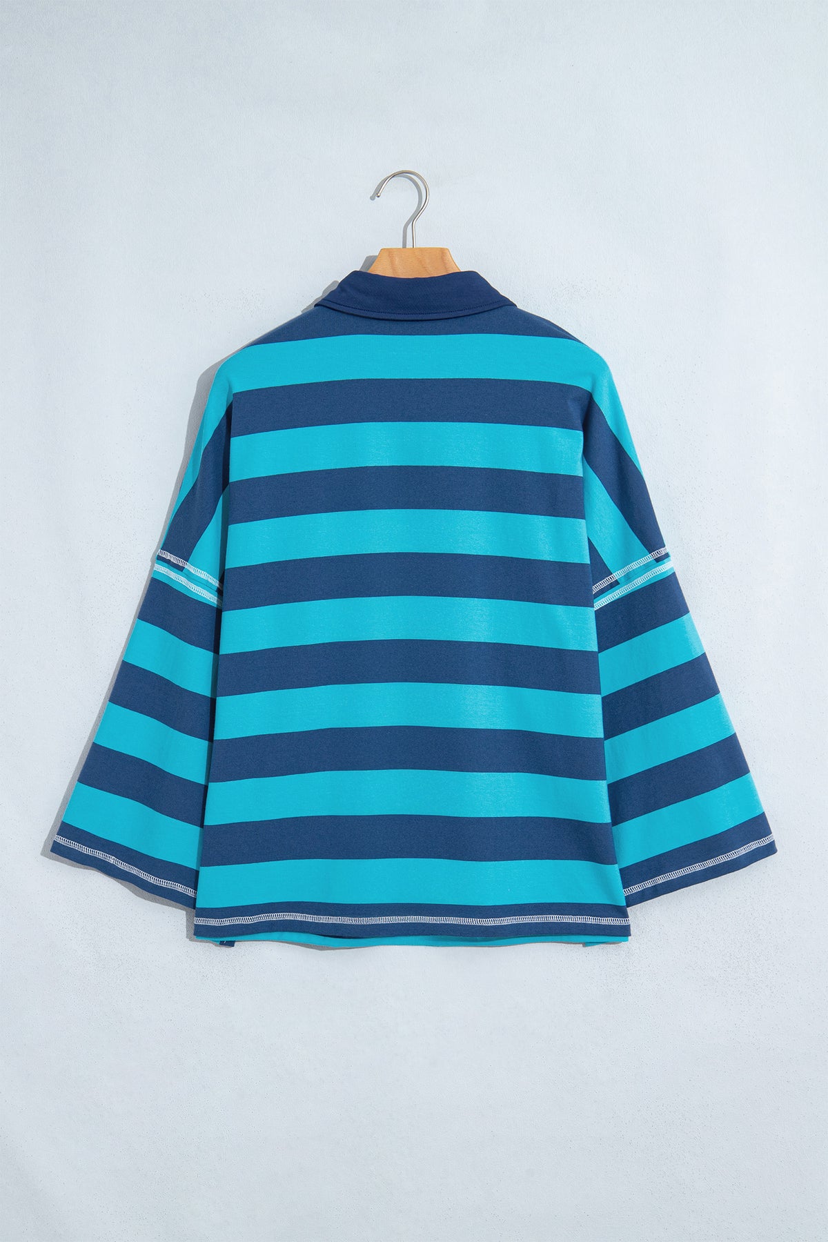 Blue Stripe Contrast Polo Collar Bracelet Sleeve Loose Top