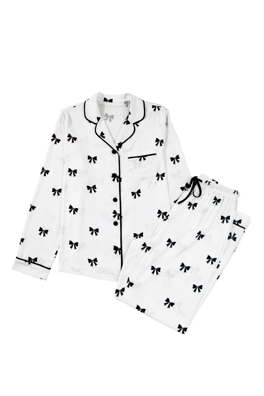 White Bows Print Drawstring Two Piece Pajama Set