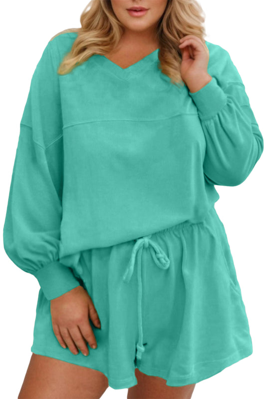 Sea Green Solid Color Plus Size Pullover and Loose Shorts Set