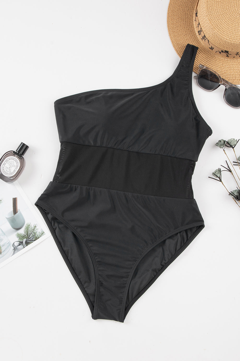 Black Single Shoulder Mesh Patchwork One-piece Swimwear