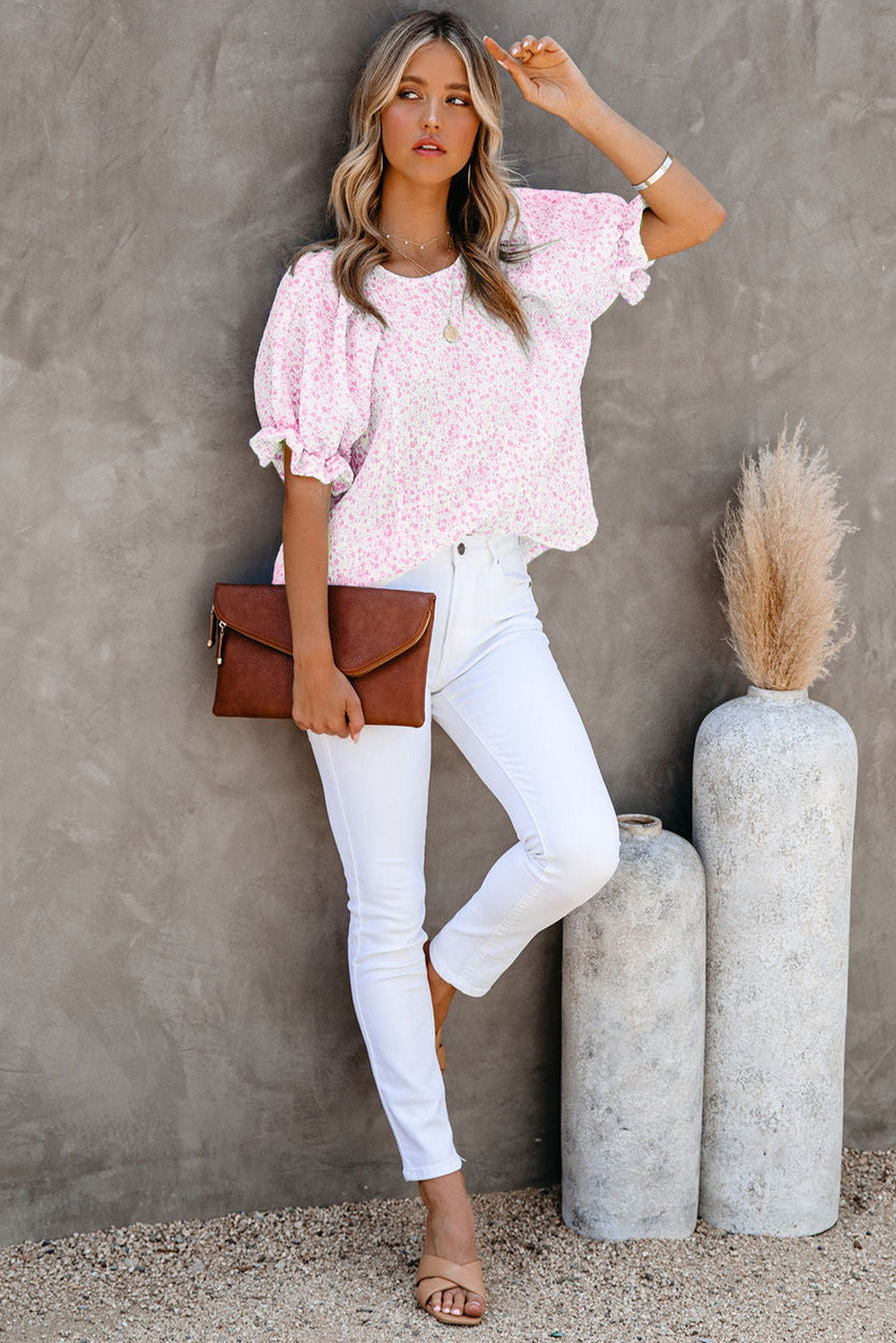 Pink Boho Floral Print Smocked Puff Sleeve Blouse