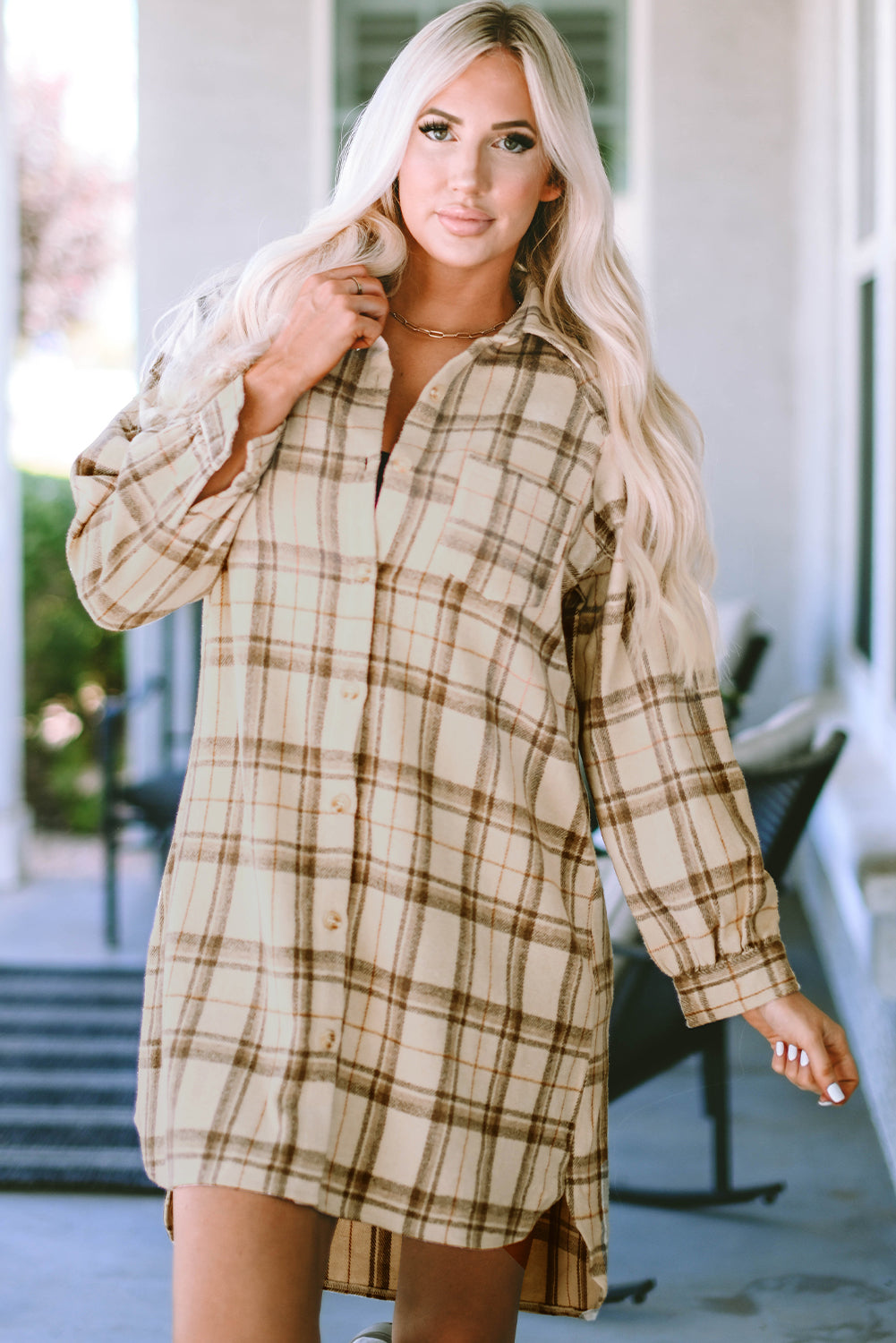 Khaki Plaid Pattern Collared Neck Ruffled Sleeve Shirt Dress