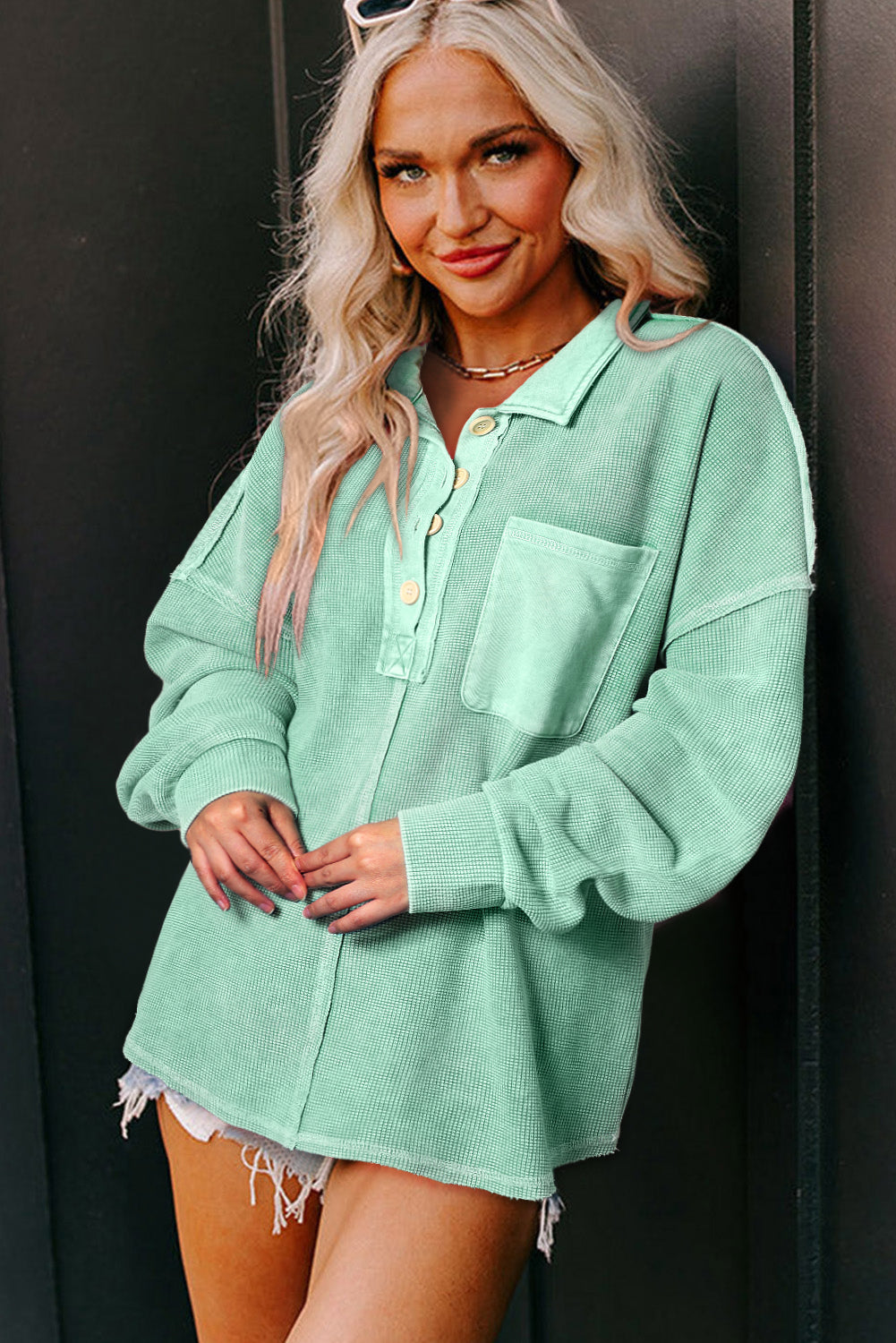 Laurel Green Waffle Exposed Seam Pocket Henley Sweatshirt