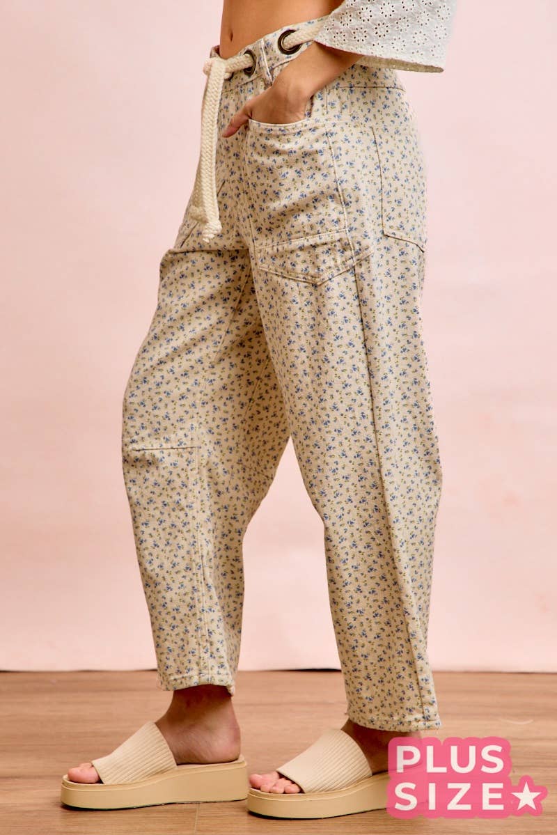 PLUS BRAIDED WAIST BELT PATCH POCKETS FLORAL PRINT PANT