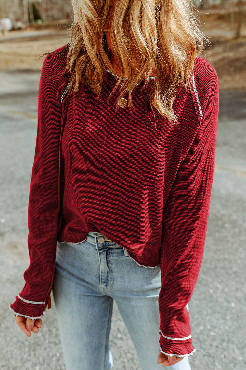 Blue Textured Round Neck Long Sleeve Top