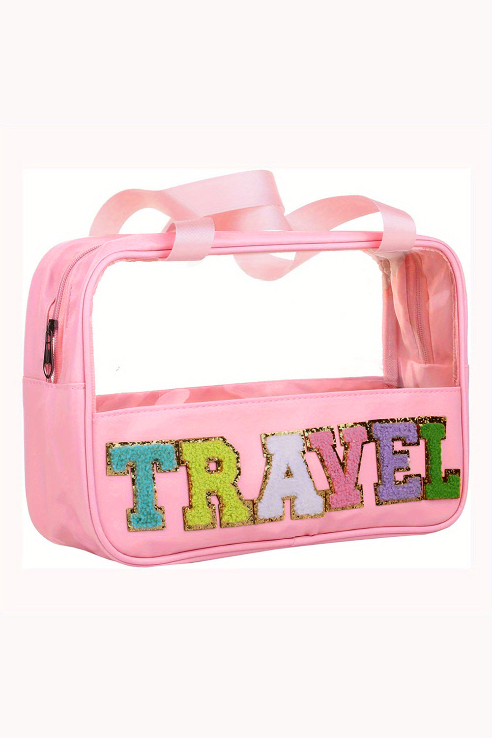 Purple TRAVEL Chenille Letter Clear PVC Makeup Bag