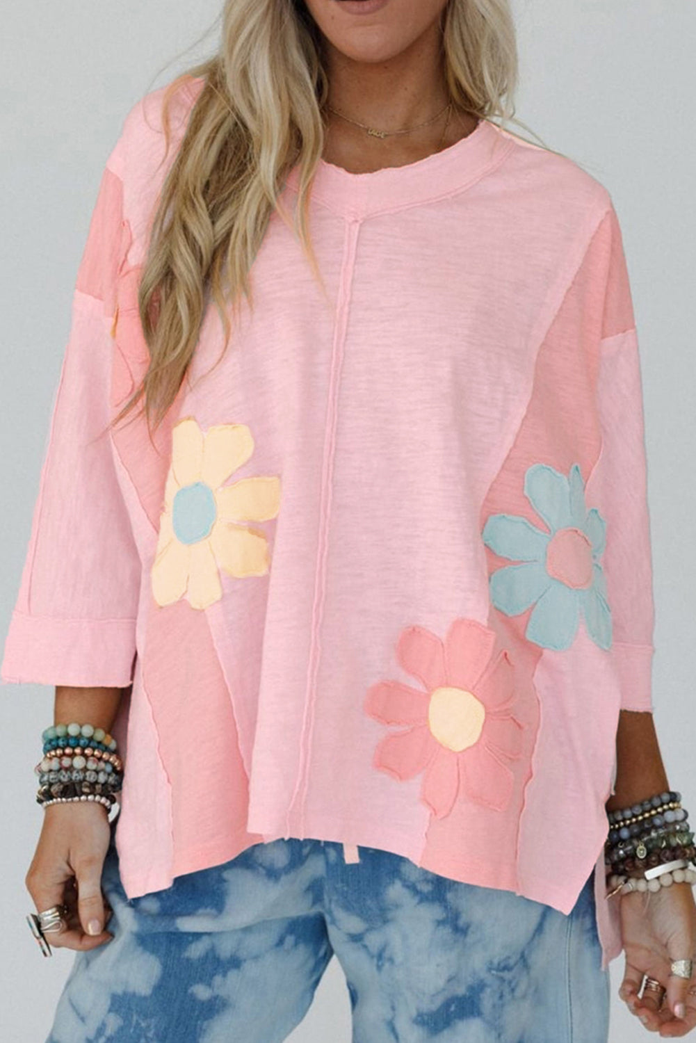 Green Flower Patched Exposed Seam 3/4 Sleeve top