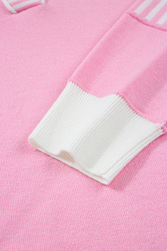 Pink Striped V Neck Collared Colorblock Patchwork Sweater