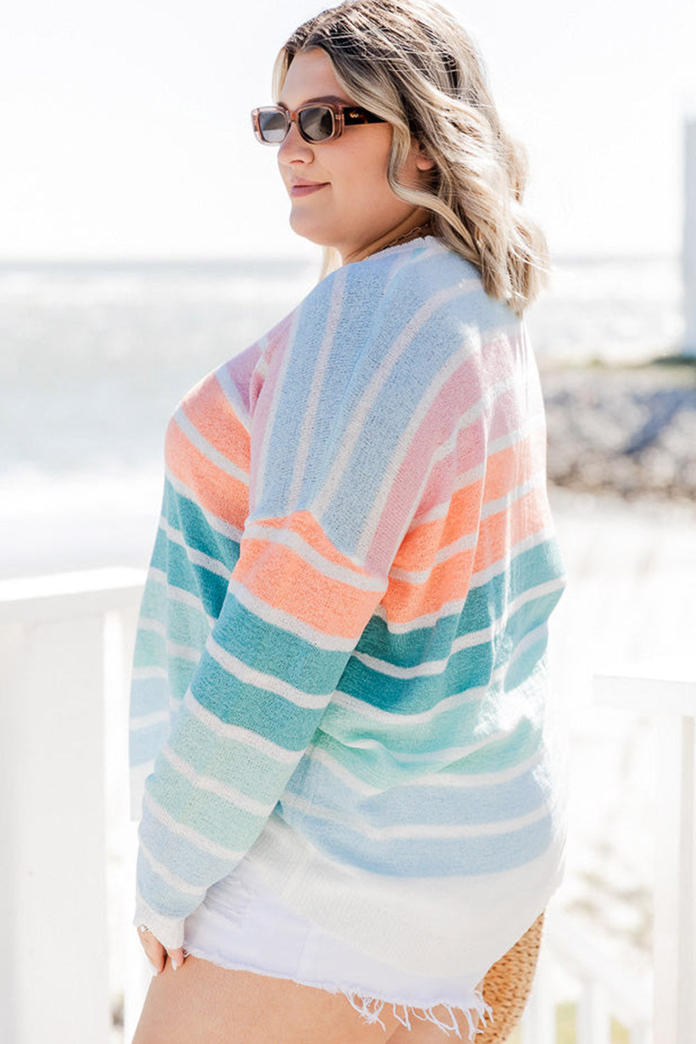 Multicolor Striped Crewneck Plus Size Sweater